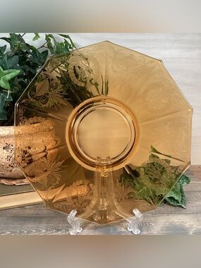 Vintage Amber Cambridge Glass Decagon 10.5" Plate #739 Etched Depression Glass